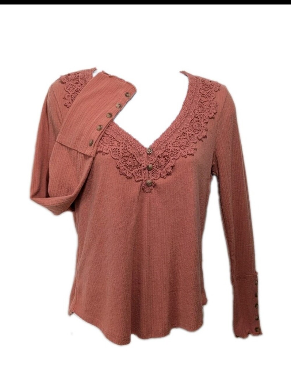 NWT Eyeshadow Lace Trim Henley Shirt Top S Detail Button Cuff Country Cowgirl - Picture 3 of 9